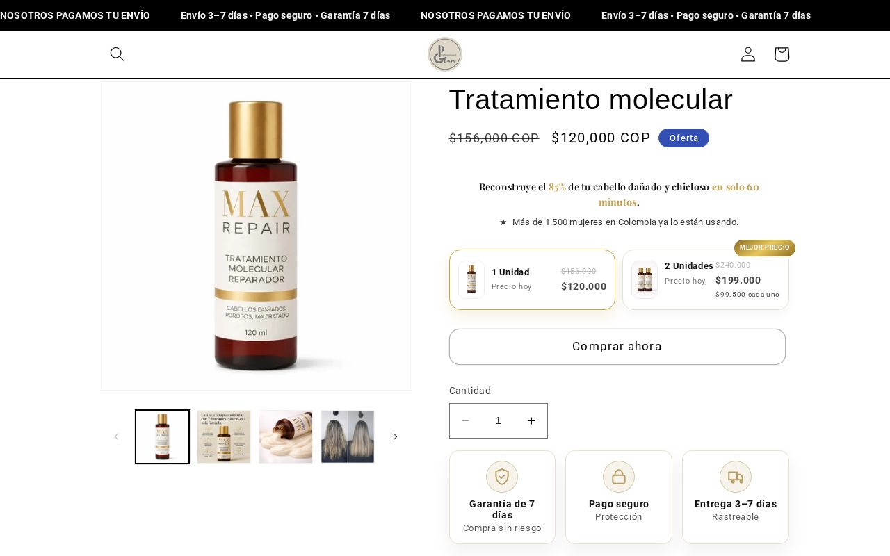 Captura de la tienda online Professional Glam en Shopify, página de producto.