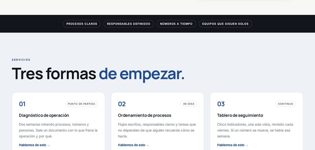Captura de la demo Carlos Rodríguez: sección de servicios de una página web profesional con tres tarjetas de servicios.