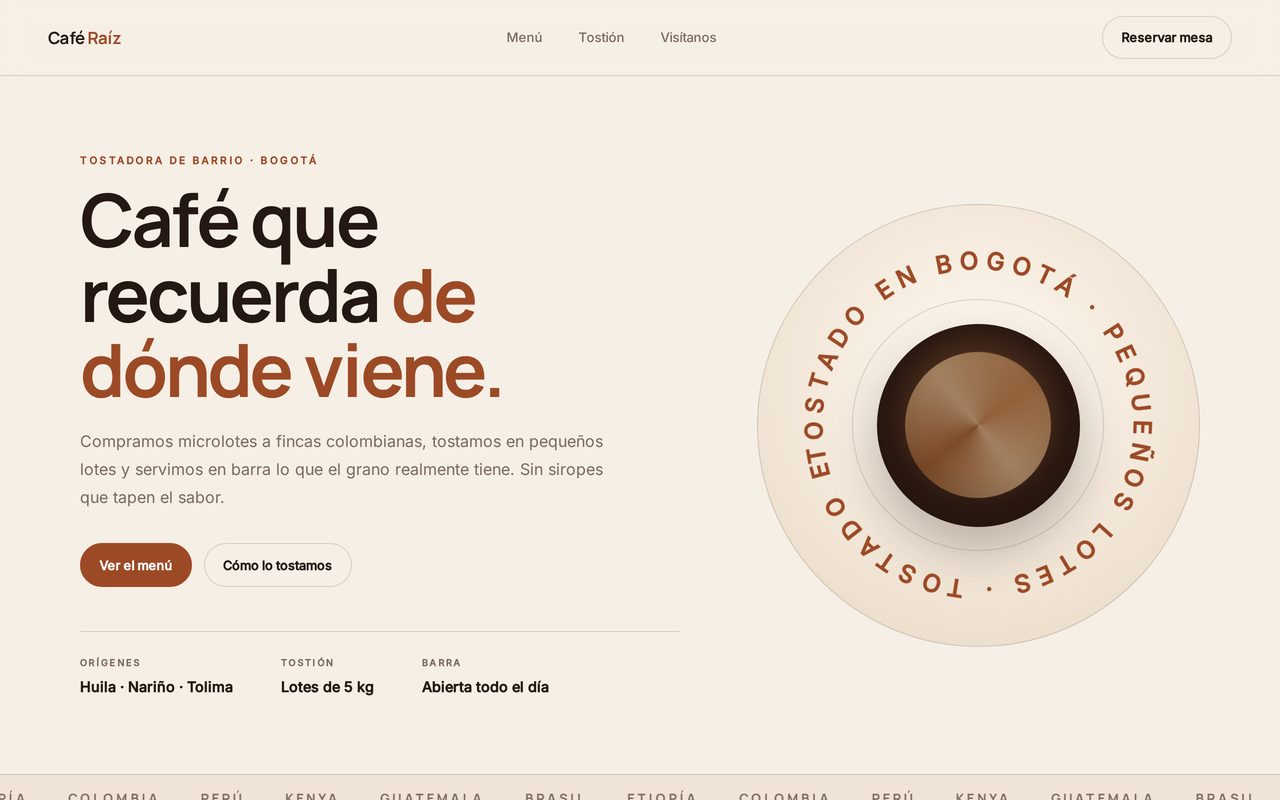 Captura de la demo Café Raíz, sitio web para cafetería de especialidad.